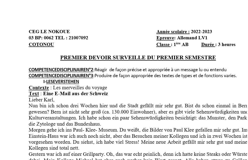 Aperçu de la première page — 1ère A1 A2 B Allemand 1er Devoir 1er Semestre Lv1 CEG Le Nokoué 2022 2023