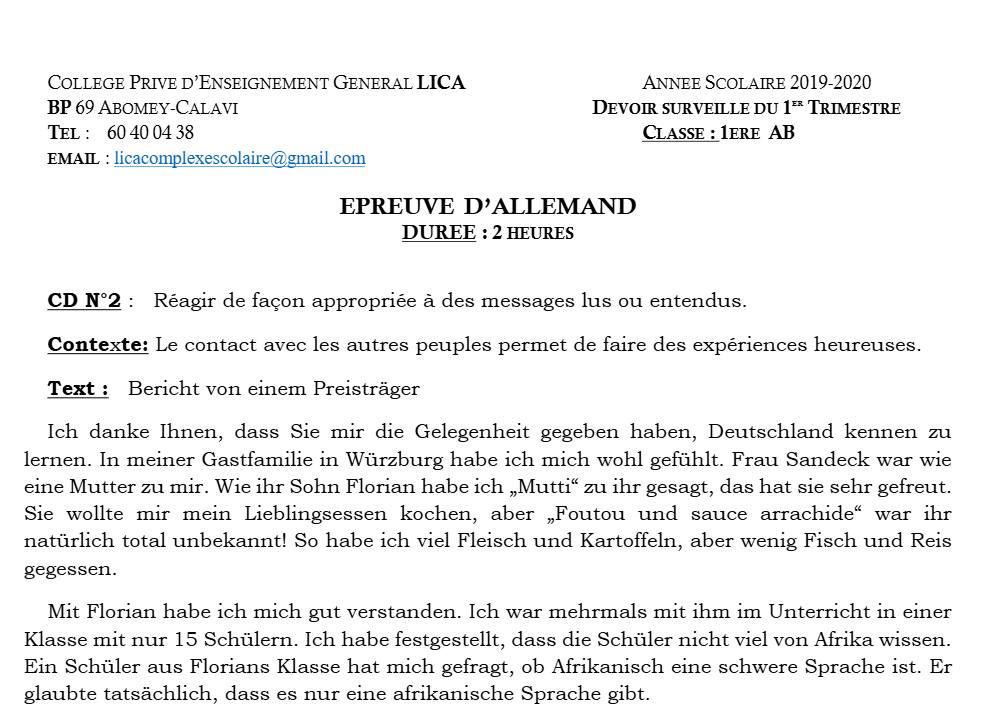 Aperçu de la première page — 1ère A1 A2 B Allemand 1er Devoir 1er Trimestre Cepg Lica 2019 2020