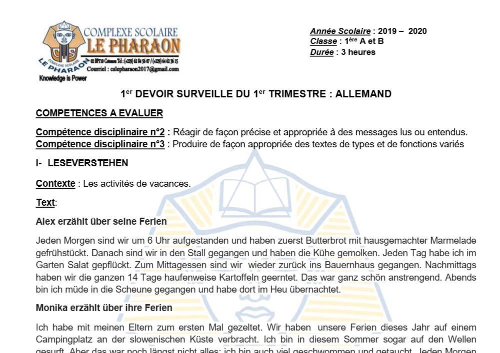 Aperçu de la première page — 1ère A1 A2 B Allemand 1er Devoir 1er Trimestre CS Le Pharaon 2019 2020