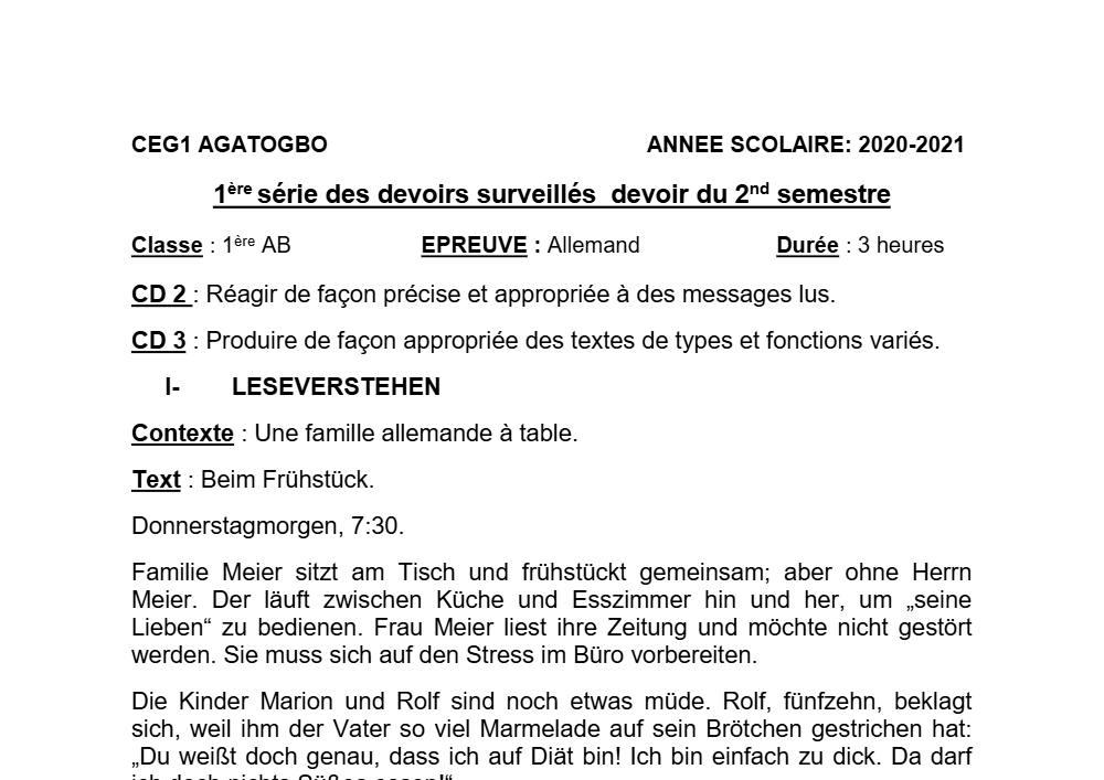 Aperçu de la première page — 1ère A1 A2 B Allemand 1er Devoir 2ème Semestre CEG1 Agatogbo 2020 2021