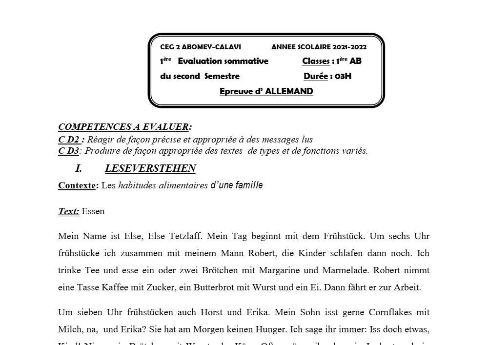 Aperçu de la première page — 1ère A1 A2 B Allemand 1er Devoir 2ème Semestre CEG2 Bomey Calavi 2021 2022