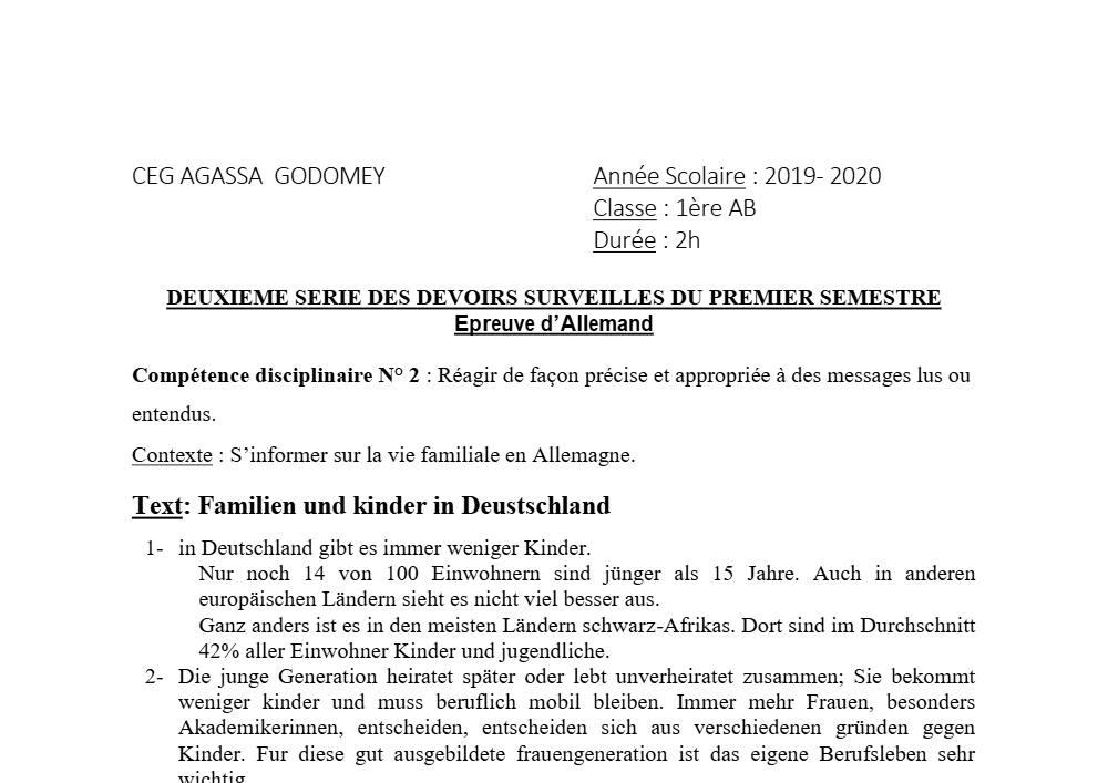 Aperçu de la première page — 1ère A1 A2 B Allemand 1er Devoir 2ème Semestre CEG Agassa Godomey 2019 2020