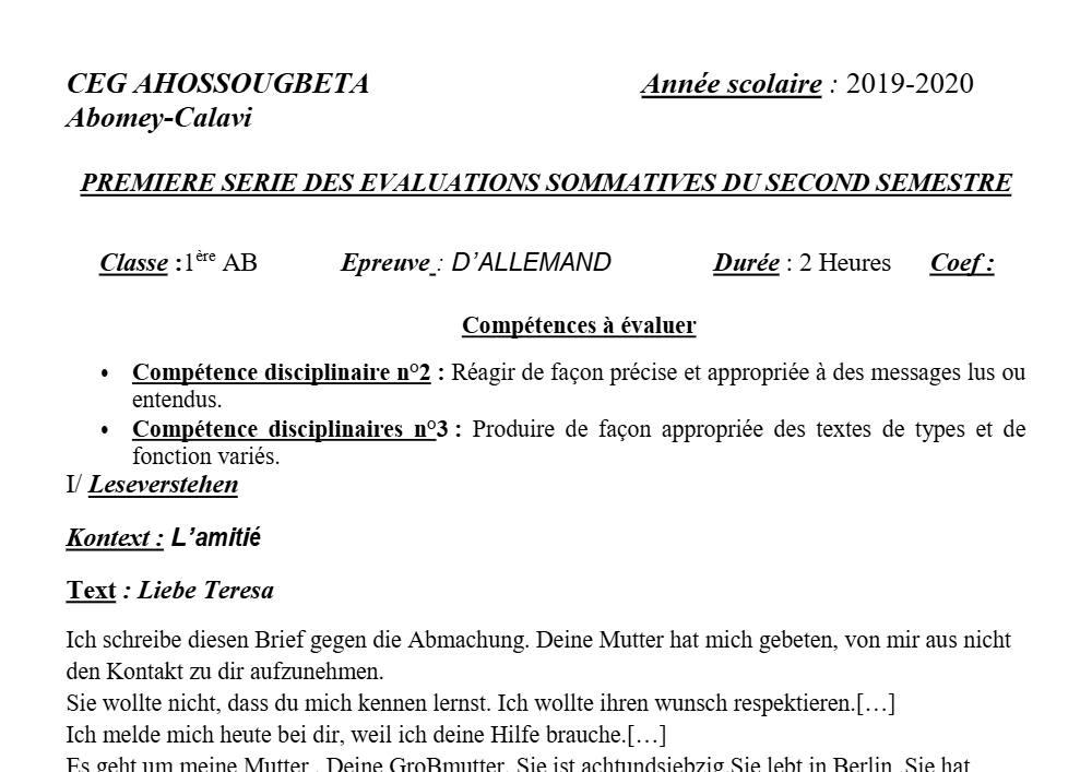 Aperçu de la première page — 1ère A1 A2 B Allemand 1er Devoir 2ème Semestre CEG Ahossougbéta 2019 2020