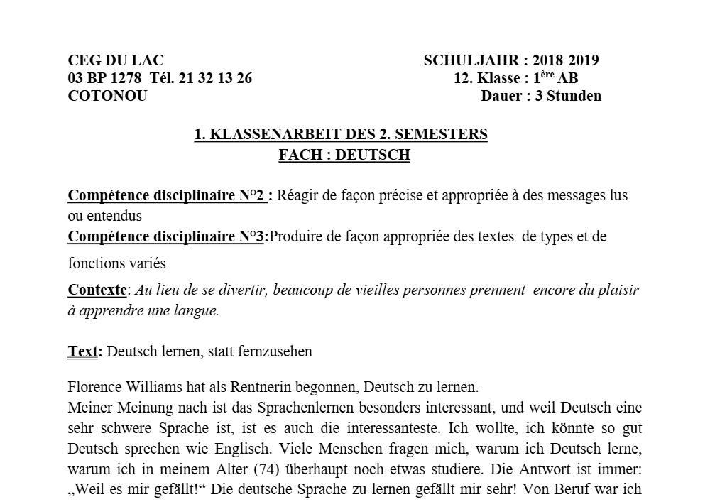 Aperçu de la première page — 1ère A1 A2 B Allemand 1er Devoir 2ème Semestre CEG du Lac 2018 2019