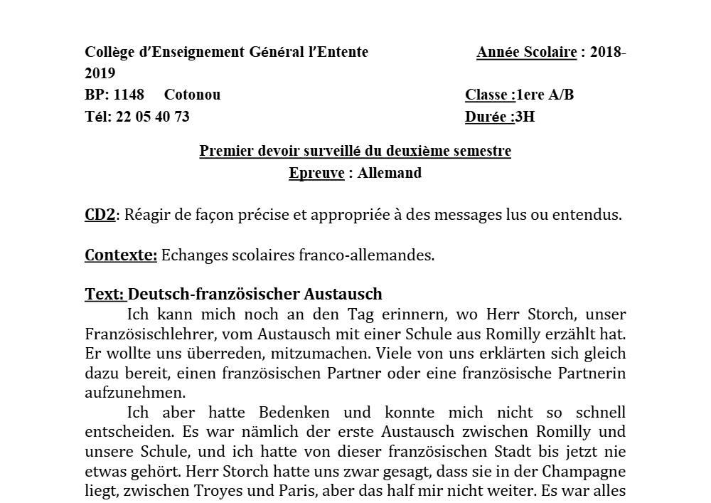 Aperçu de la première page — 1ère A1 A2 B Allemand 1er Devoir 2ème Semestre CEG Entente 2018 2019