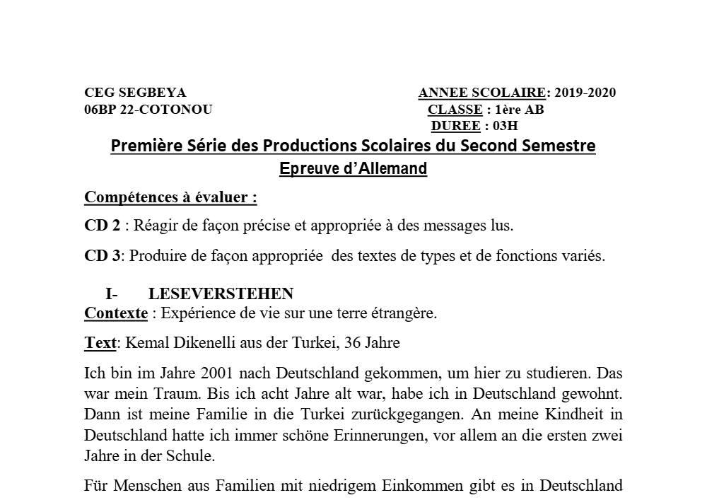 Aperçu de la première page — 1ère A1 A2 B Allemand 1er Devoir 2ème Semestre CEG Ségbéya 2019 2020