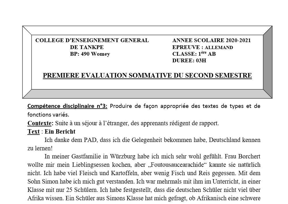 Aperçu de la première page — 1ère A1 A2 B Allemand 1er Devoir 2ème Semestre CEG Tankpè 2020 2021