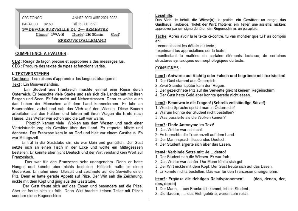 Aperçu de la première page — 1ère A1 A2 B Allemand 1er Devoir 2ème Semestre CEG Zongo 2021 2022