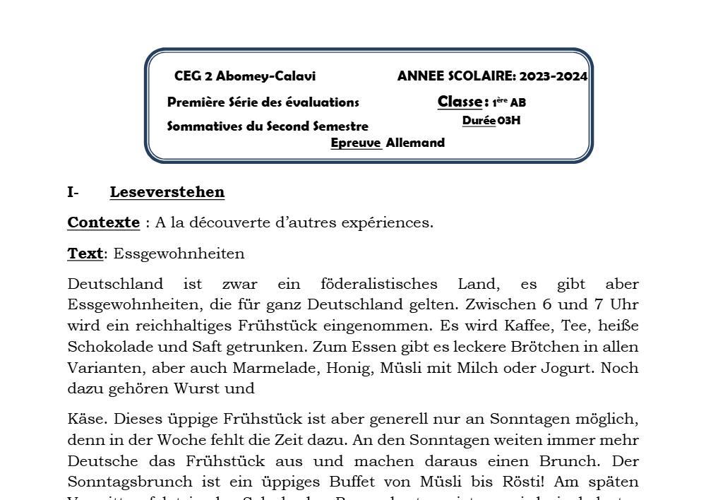 Aperçu de la première page — 1ère A1 A2 B Allemand 1er Devoir 2ème Semestre D'allemand CEG2 Abomey Calavi 2023 2024