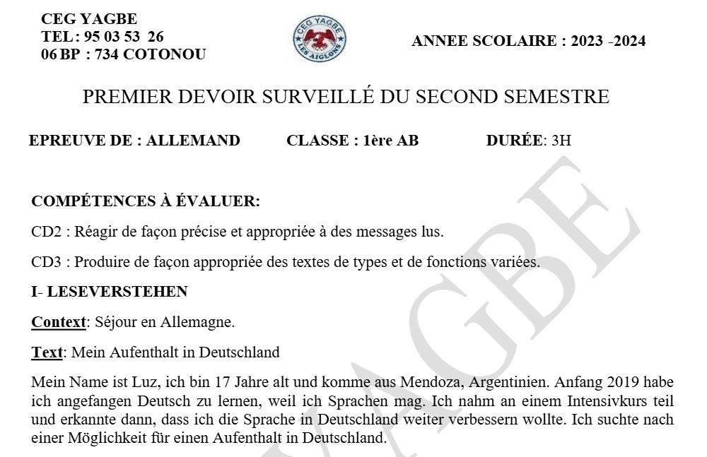 Aperçu de la première page — 1ère A1 A2 B Allemand 1er Devoir 2ème Semestre d'Allemand CEG Yagbe 2023 2024