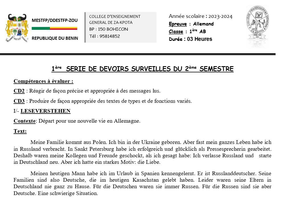 Aperçu de la première page — 1ère A1 A2 B Allemand 1er Devoir 2ème Semestre d'Allemand CEG Za Kpota 2023 2024