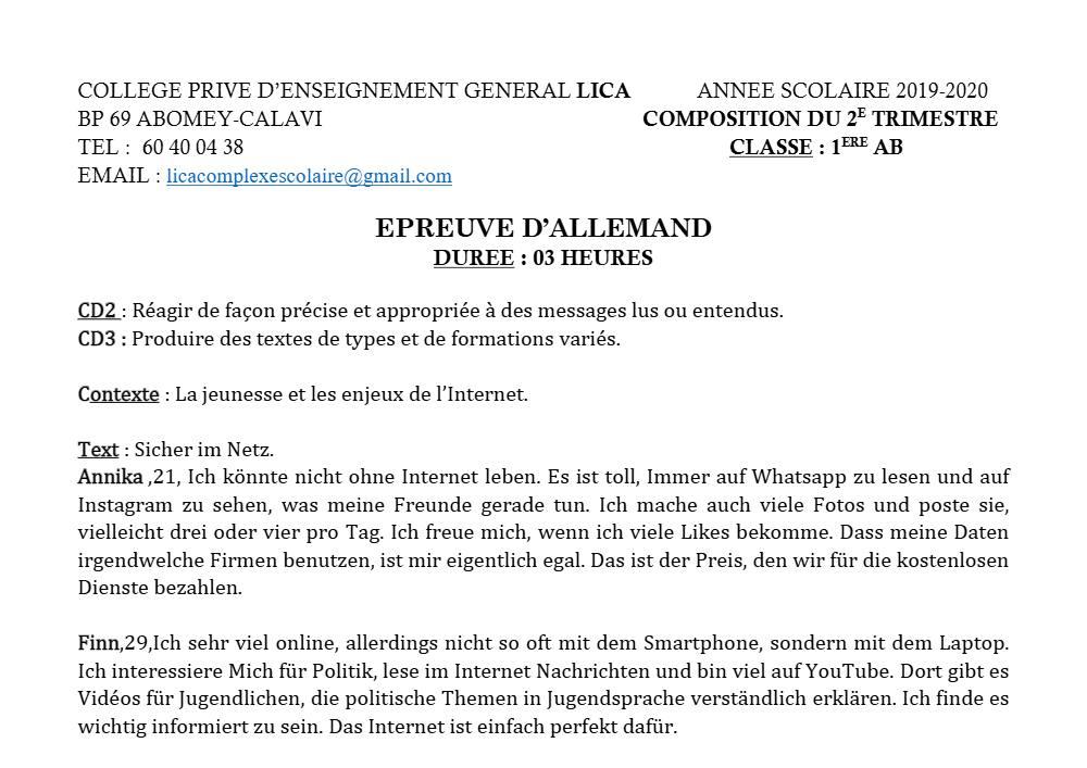 Aperçu de la première page — 1ère A1 A2 B Allemand 1er Devoir 2ème Trimestre CPEG Lica 2019 2020