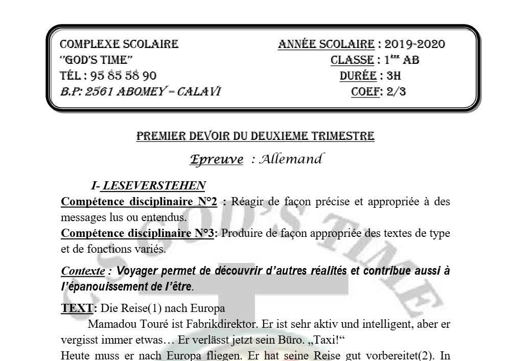 Aperçu de la première page — 1ère A1 A2 B Allemand 1er Devoir 2ème Trimestre CS God'S Time 2019 2020