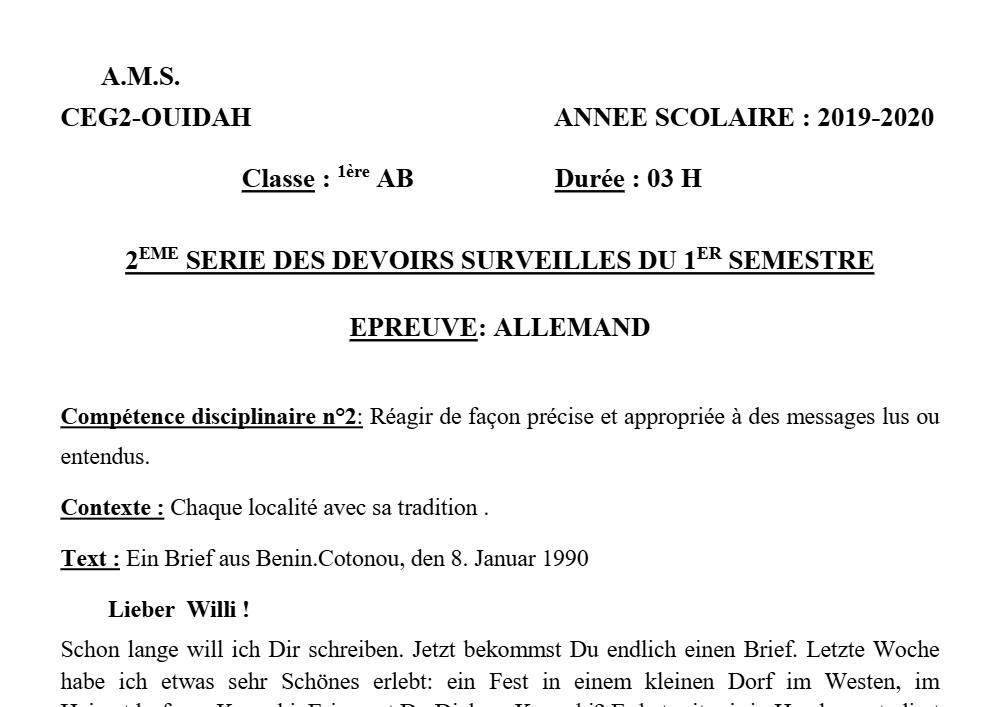Aperçu de la première page — 1ère A1 A2 B Allemand 2ème Devoir 1er Semestre CEG2 Ouidah 2019 2020