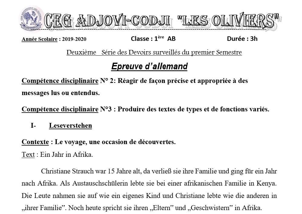 Aperçu de la première page — 1ère A1 A2 B Allemand 2ème Devoir 1er Semestre CEG Adjovi Codji 2019 2020