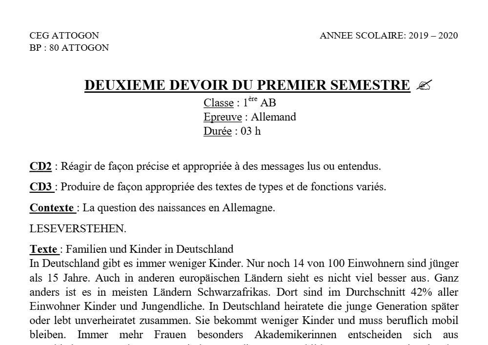 Aperçu de la première page — 1ère A1 A2 B Allemand 2ème Devoir 1er Semestre CEG Attogon 2019 2020