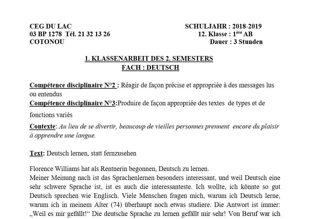 Aperçu de la première page — 1ère A1 A2 B Allemand 2ème Devoir 1er Semestre CEG du Lac 2018 2019
