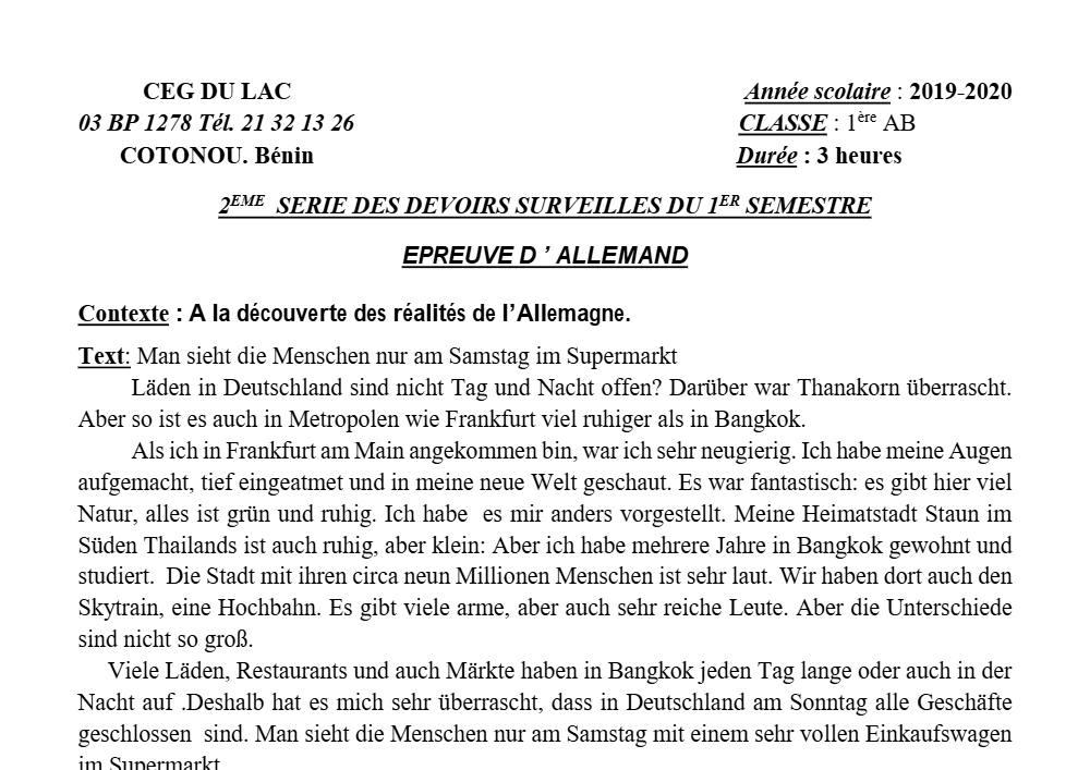 Aperçu de la première page — 1ère A1 A2 B Allemand 2ème Devoir 1er Semestre CEG du Lac 2019 2020