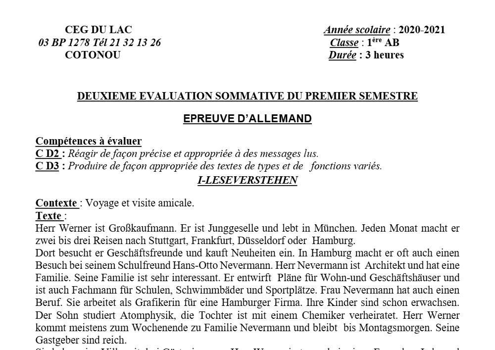 Aperçu de la première page — 1ère A1 A2 B Allemand 2ème Devoir 1er Semestre CEG du Lac 2020 2021