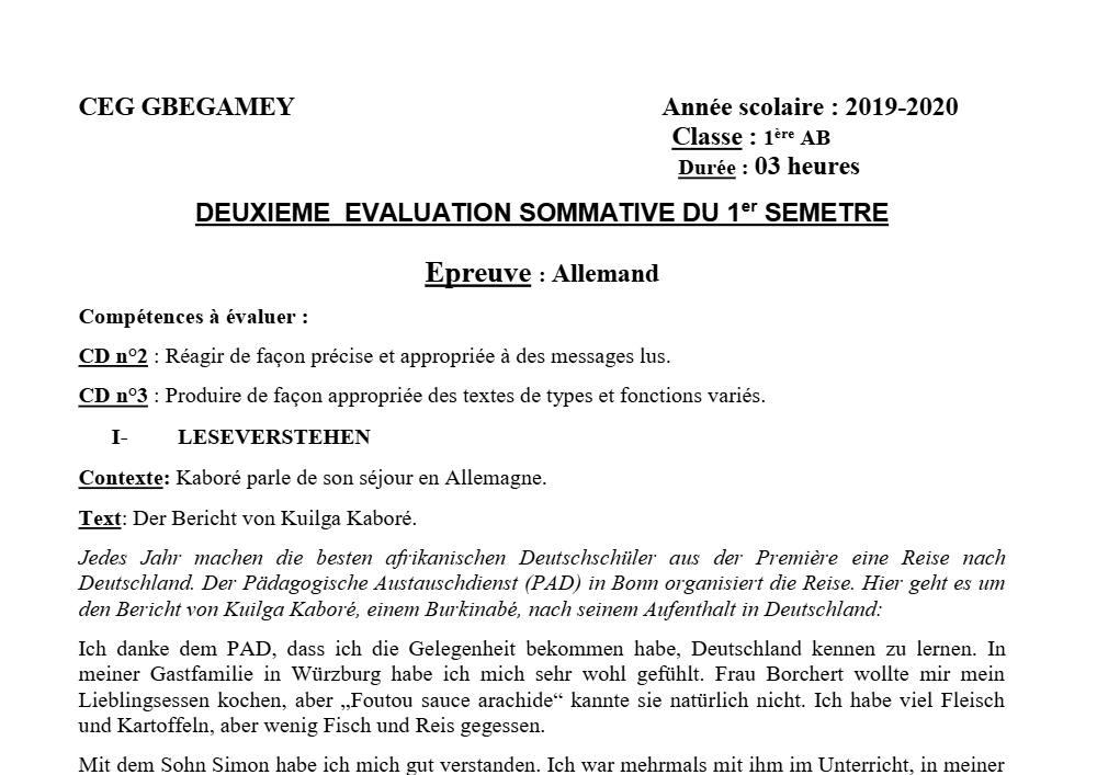 Aperçu de la première page — 1ère A1 A2 B Allemand 2ème Devoir 1er Semestre CEG Gbégamey 2019 2020