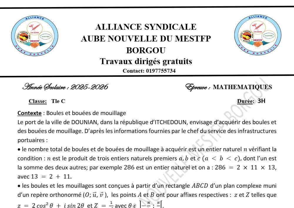 Aperçu de la première page — TD1 AAN MESTFP B Maths Tle C 25 26
