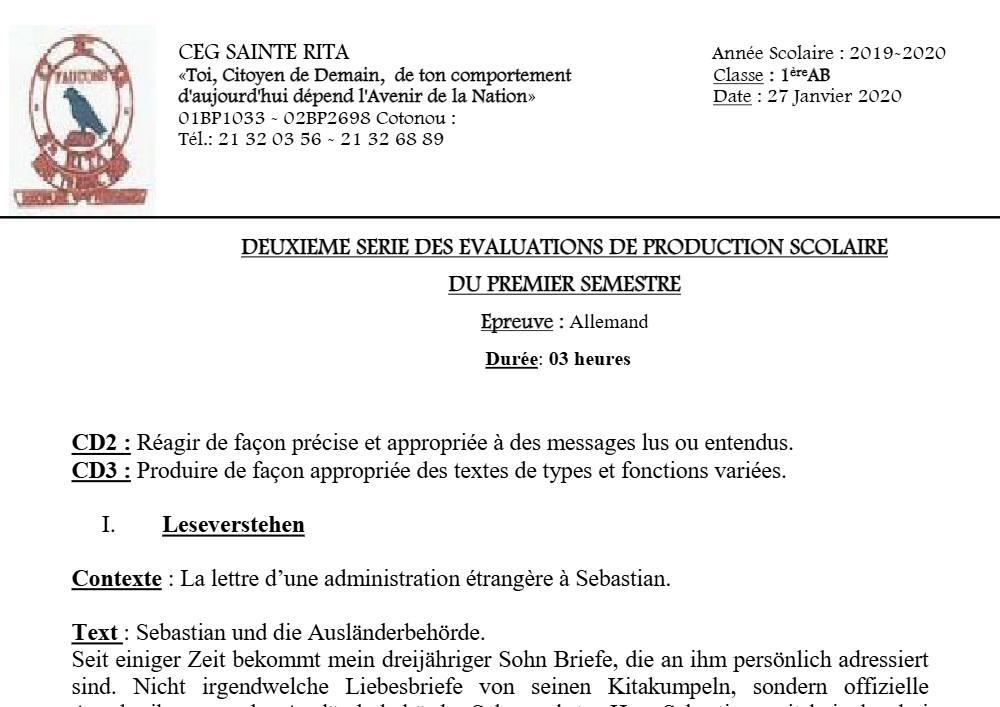 Aperçu de la première page — 1ère A1 A2 B Allemand 2ème Devoir 1er Semestre CEG Sainte Rita 2019 2020