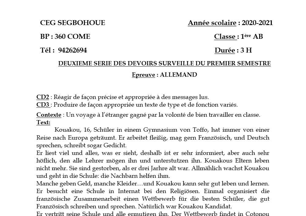 Aperçu de la première page — 1ère A1 A2 B Allemand 2ème Devoir 1er Semestre CEG Segbohoue 2020 2021