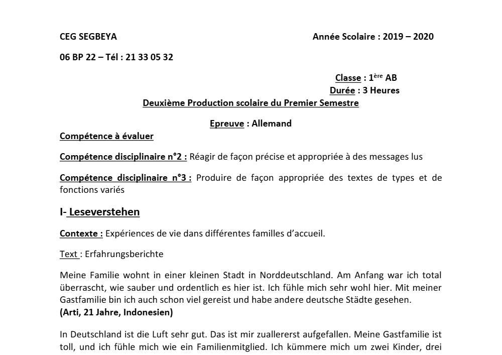 Aperçu de la première page — 1ère A1 A2 B Allemand 2ème Devoir 1er Semestre CEG Ségbéya 2019 2020