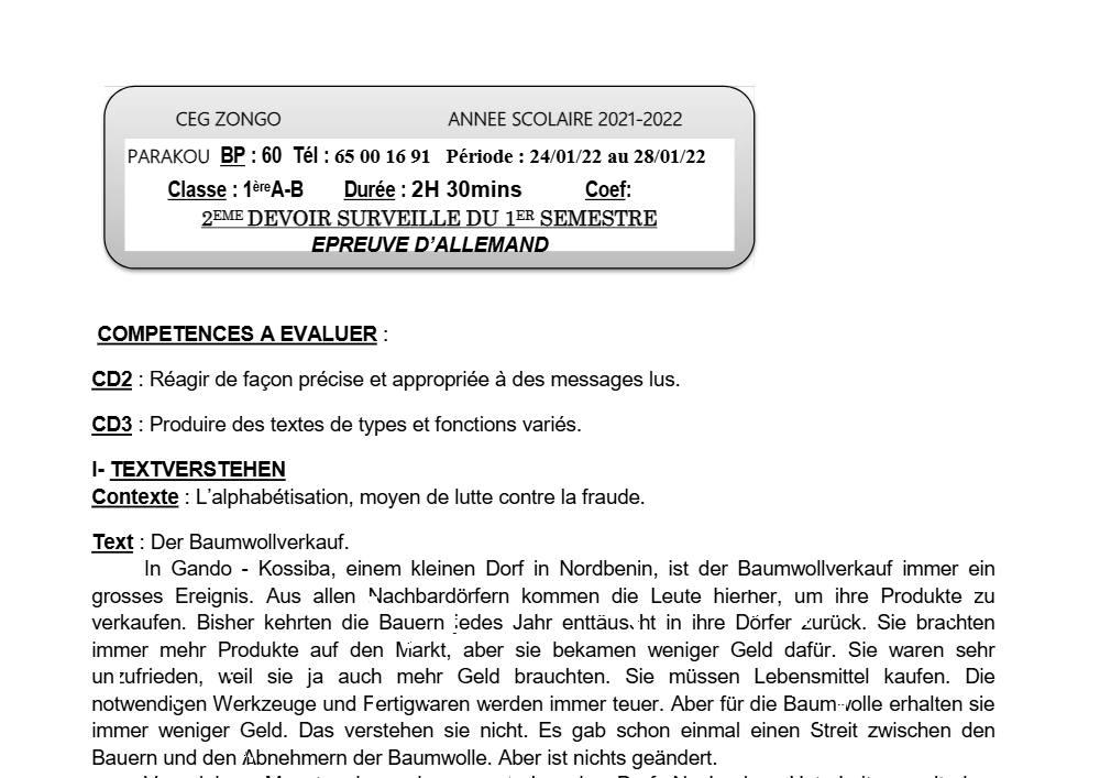Aperçu de la première page — 1ère A1 A2 B Allemand 2ème Devoir 1er Semestre CEG Zongo 2021 2022