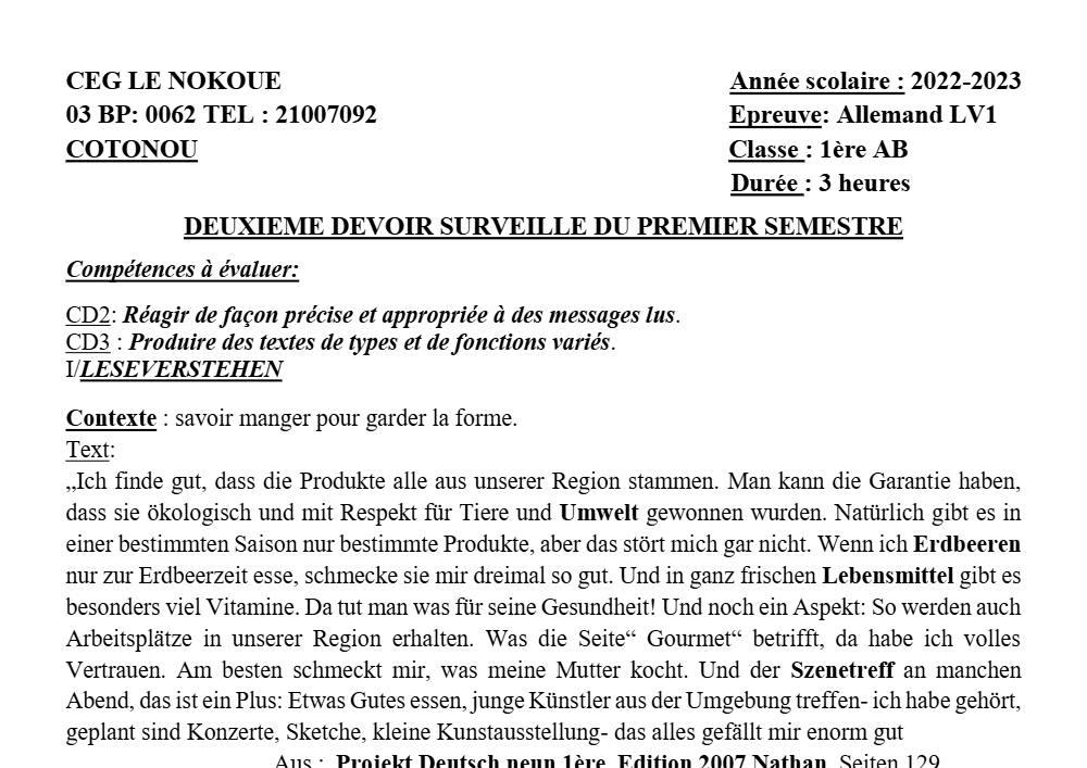 Aperçu de la première page — 1ère A1 A2 B Allemand 2ème Devoir 1er Semestre Lv1 CEG Le Nokoué 2022 2023