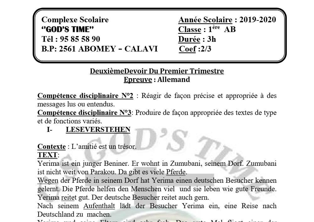 Aperçu de la première page — 1ère A1 A2 B Allemand 2ème Devoir 1er Trimestre Ab2019 2020 CS God'S Time 2019 2020