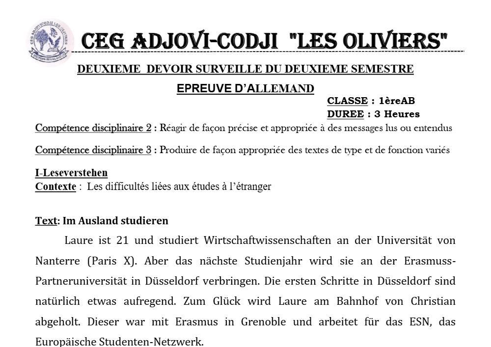 Aperçu de la première page — 1ère A1 A2 B Allemand 2ème Devoir 2ème Semestre CEG Adjovi Codji 2019 2020
