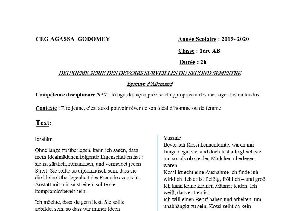 Aperçu de la première page — 1ère A1 A2 B Allemand 2ème Devoir 2ème Semestre CEG Agassa Godomey 2019 2020
