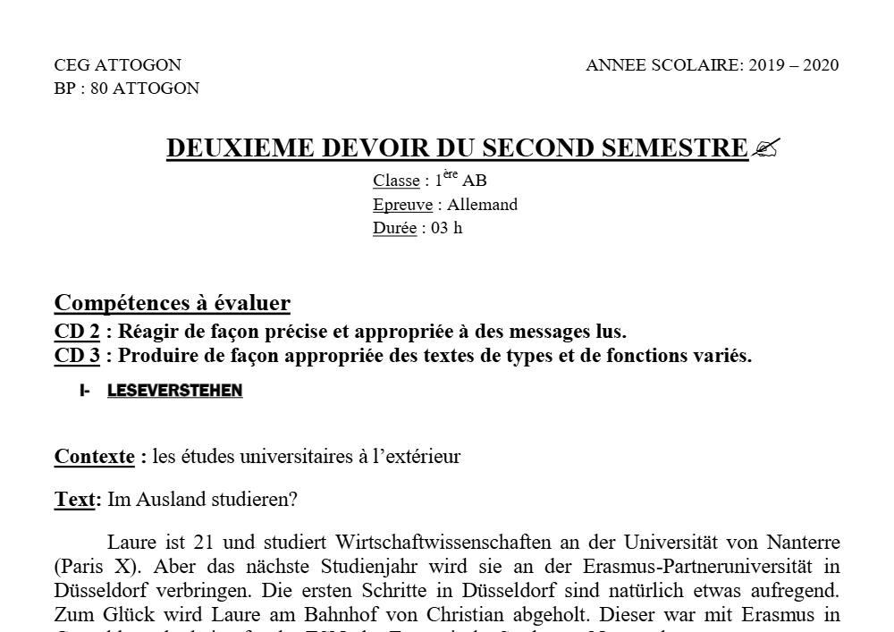 Aperçu de la première page — 1ère A1 A2 B Allemand 2ème Devoir 2ème Semestre CEG Attogon 2019 2020