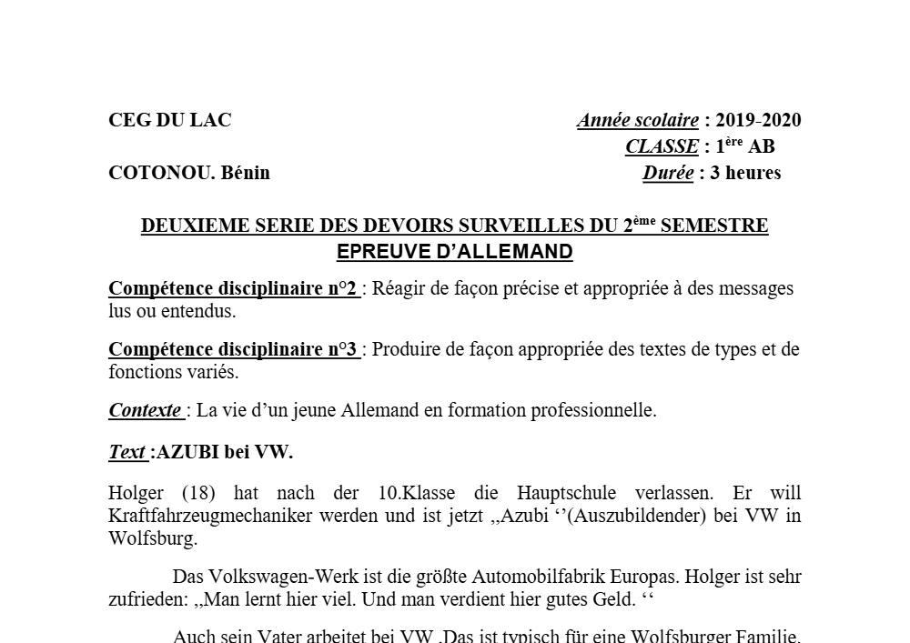 Aperçu de la première page — 1ère A1 A2 B Allemand 2ème Devoir 2ème Semestre CEG du Lac 2019 2020
