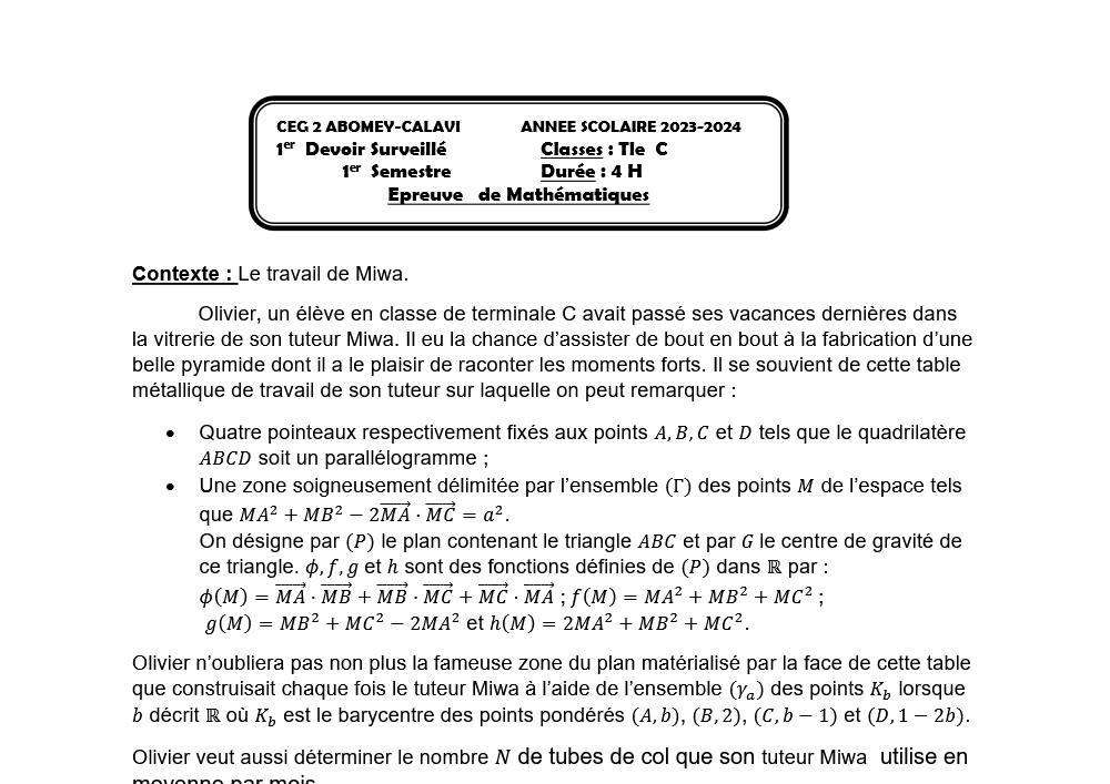 Aperçu de la première page — TleC - Devoir du 1er Trimestre - Maths CEG 2 AB