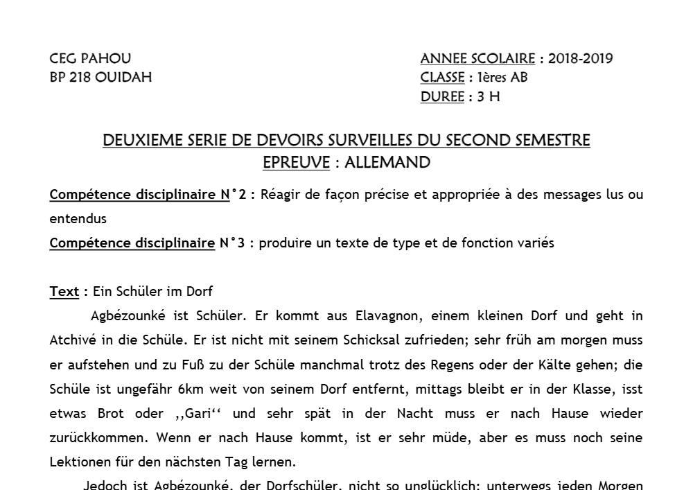 Aperçu de la première page — 1ère A1 A2 B Allemand 2ème Devoir 2ème Semestre CEG Pahou 2018 2019