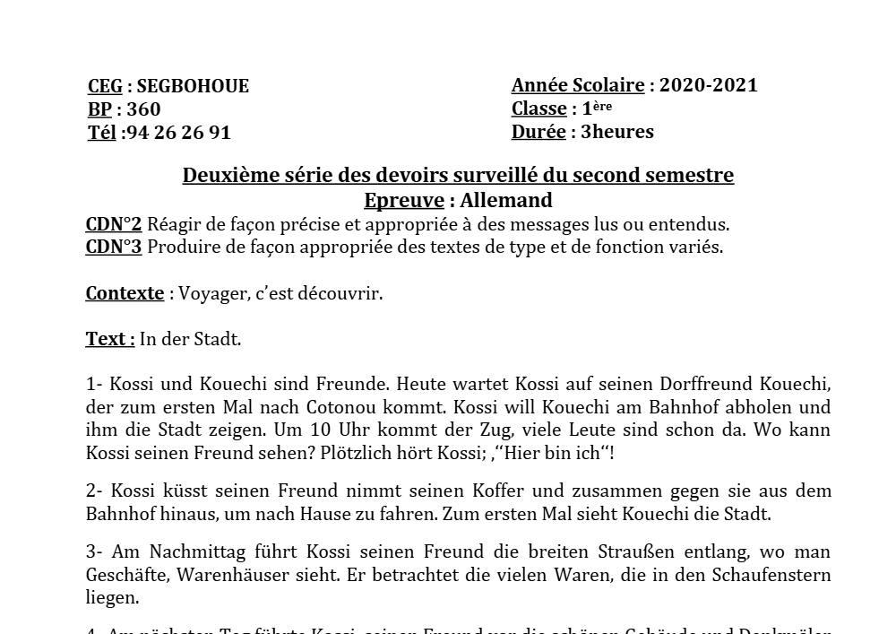 Aperçu de la première page — 1ère A1 A2 B Allemand 2ème Devoir 2ème Semestre CEG Segbohoue 2020 2021