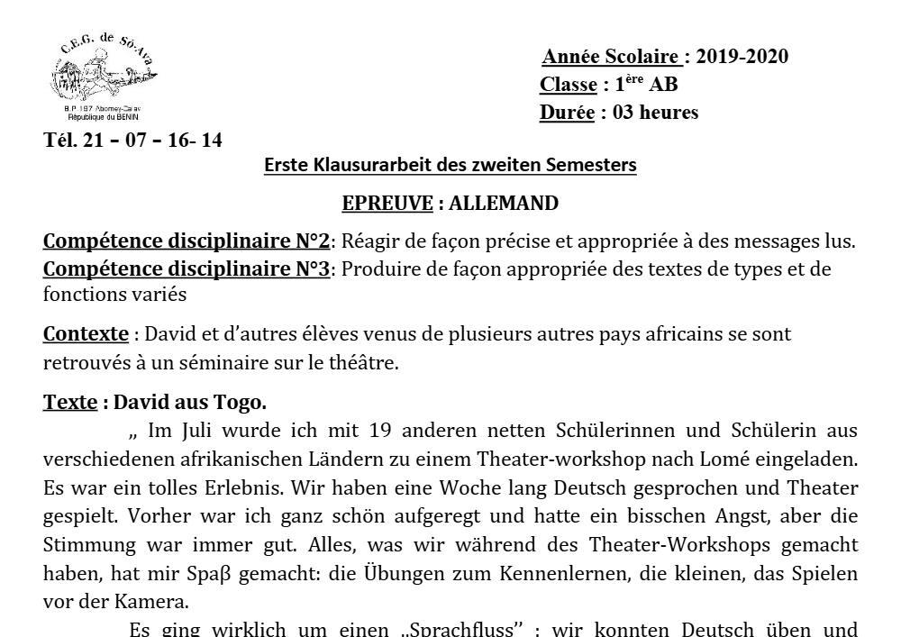Aperçu de la première page — 1ère A1 A2 B Allemand 2ème Devoir 2ème Semestre CEG So Ava 2019 2020