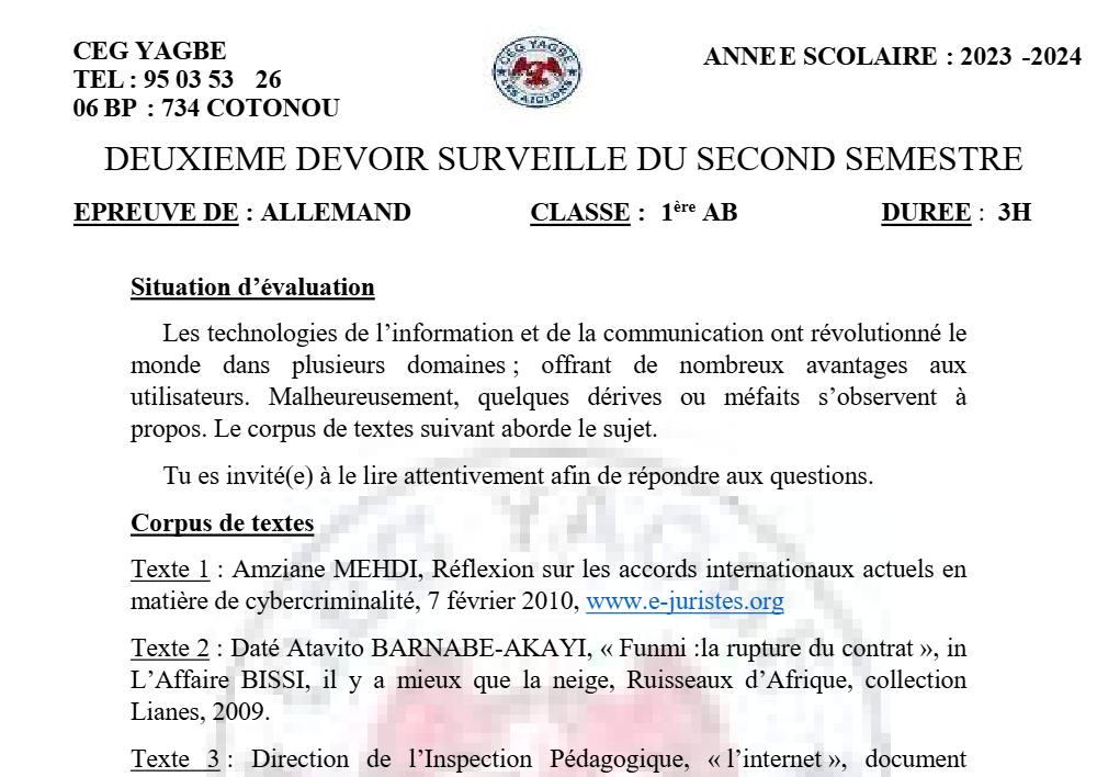 Aperçu de la première page — 1ère A1 A2 B Allemand 2ème Devoir 2ème Semestre D'allemand CEG Yagbe 2023 2024
