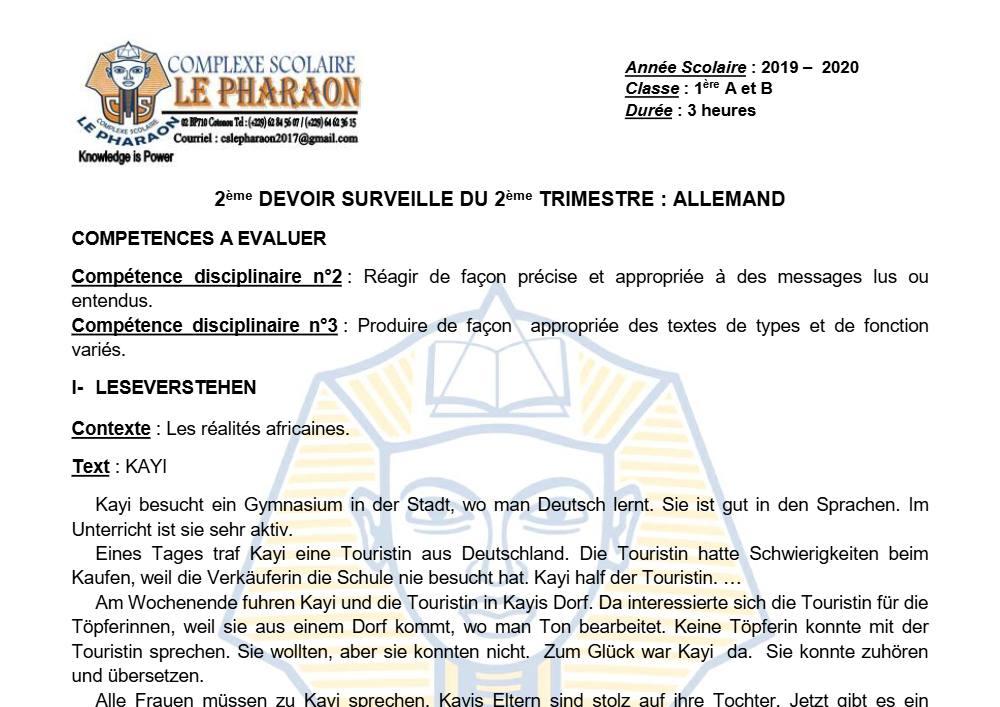 Aperçu de la première page — 1ère A1 A2 B Allemand 2ème Devoir 2ème Trimestre CS Le Pharaon 2019 2020