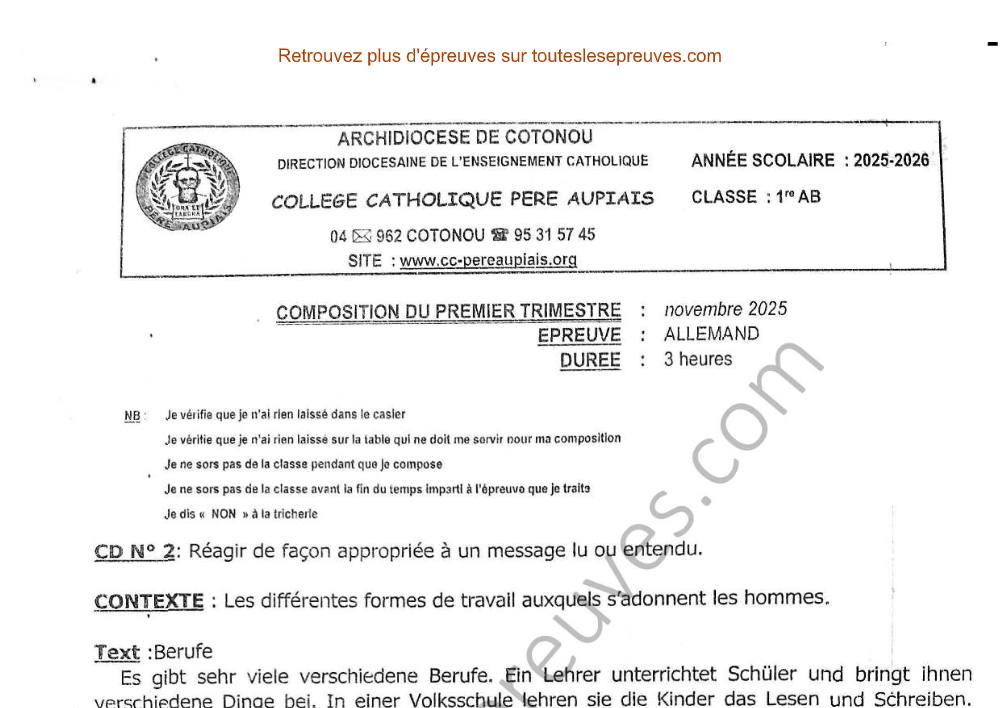 Aperçu de la première page — 1ère A1 A2 B Allemand Composition 1er Trimestre Collège Catholique Père Aupiais 2025 2026