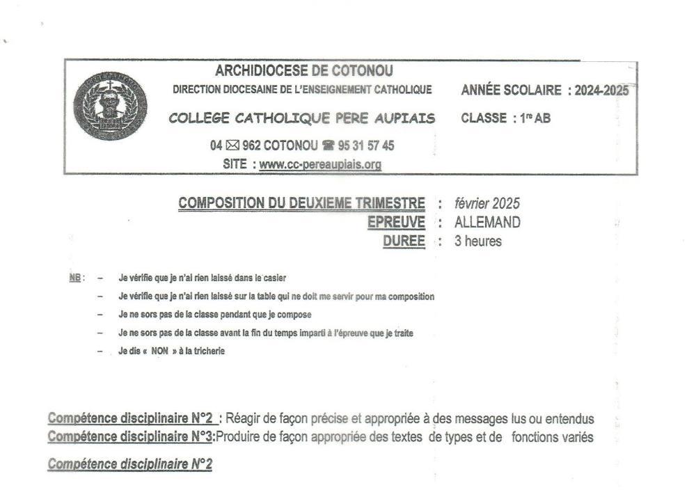 Aperçu de la première page — 1ère A1 A2 B Allemand Composition 2ème Trimestre Collège Catholique Père Aupiais Février 2025