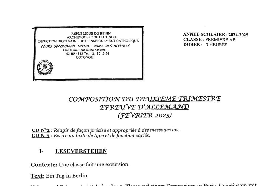 Aperçu de la première page — 1ère A1 A2 B Allemand Composition 2ème Trimestre de Première Ab, CS Notre‑Dame des Apôtres Février 2025