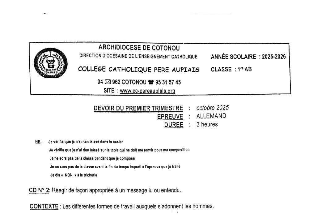 Aperçu de la première page — 1ère A1 A2 B Allemand Devoir 1er Trimestre Collège Père Aupiais Octobre 2025