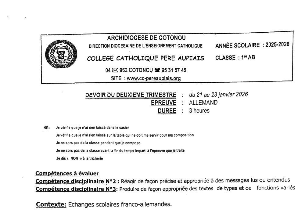 Aperçu de la première page — 1ère A1 A2 B Allemand Devoir 2ème Trimestre Collège Catholique Père Aupiais Janvier 2026