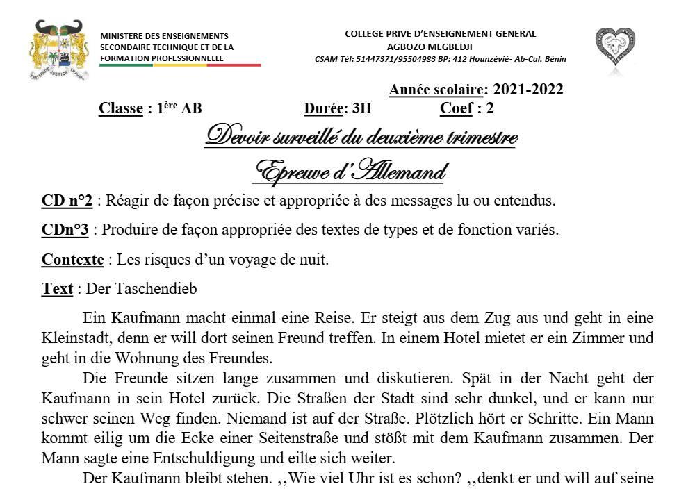 Aperçu de la première page — 1ère A1 A2 B Allemand Devoir 2ème Trimestre CPEG Agbozo Megbedji 2021 2022