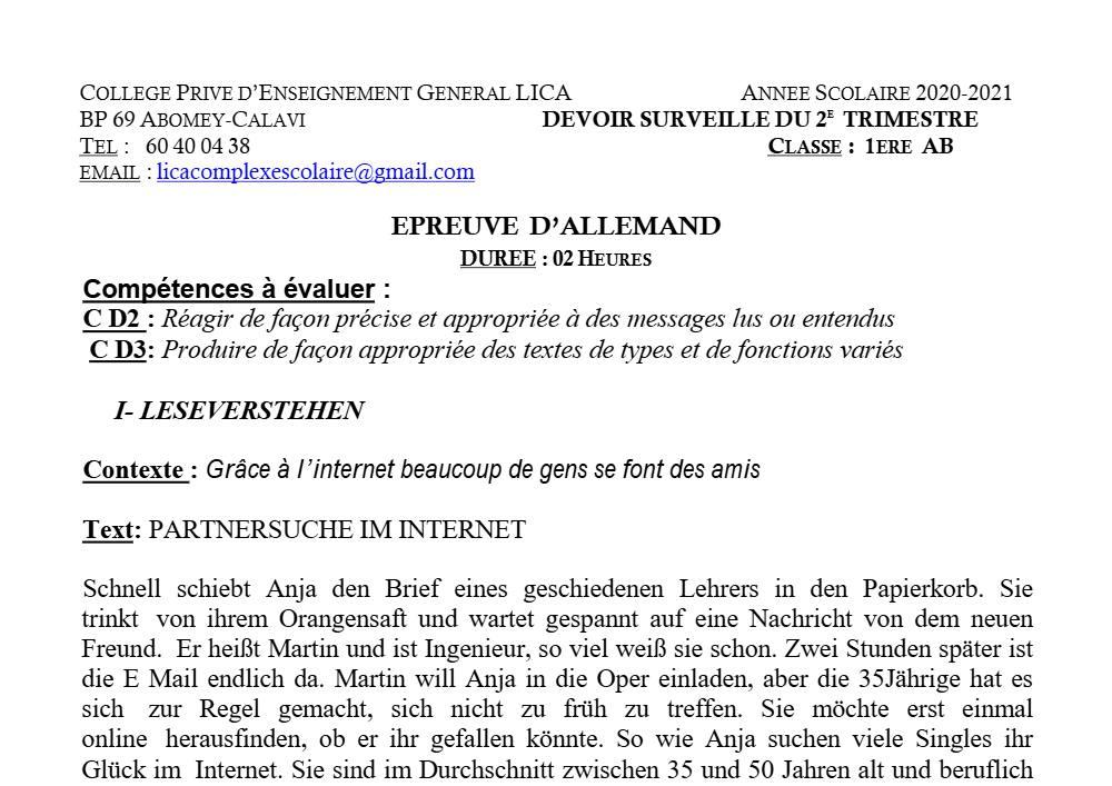Aperçu de la première page — 1ère A1 A2 B Allemand Devoir 2ème Trimestre CPEG Lica 2020 2021