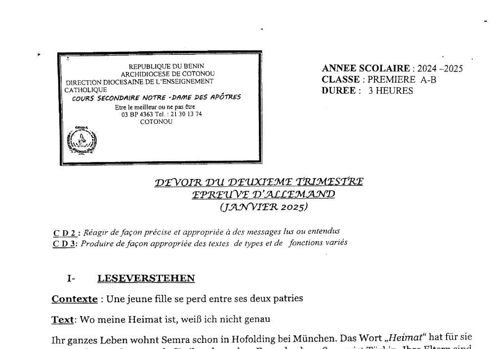 Aperçu de la première page — 1ère A1 A2 B Allemand Devoir 2ème Trimestre de Première Ab, CS Notre‑Dame des Apôtres Janvier 2025