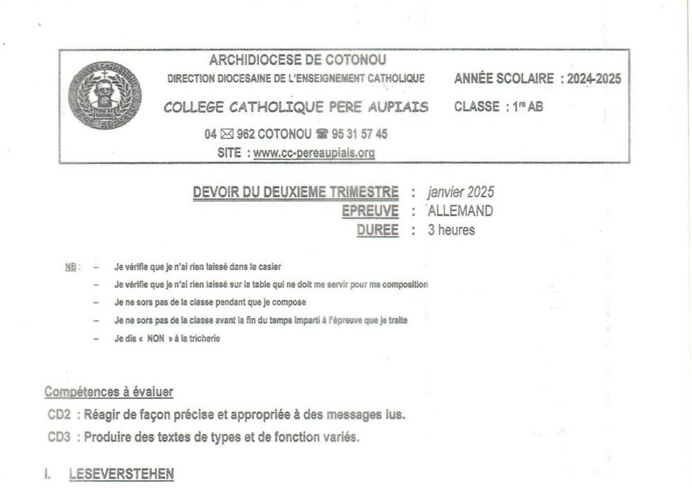 Aperçu de la première page — 1ère A1 A2 B Allemand Devoir 2ème Trimestre Preuve du de Collège Père Aupiais 2024 2025